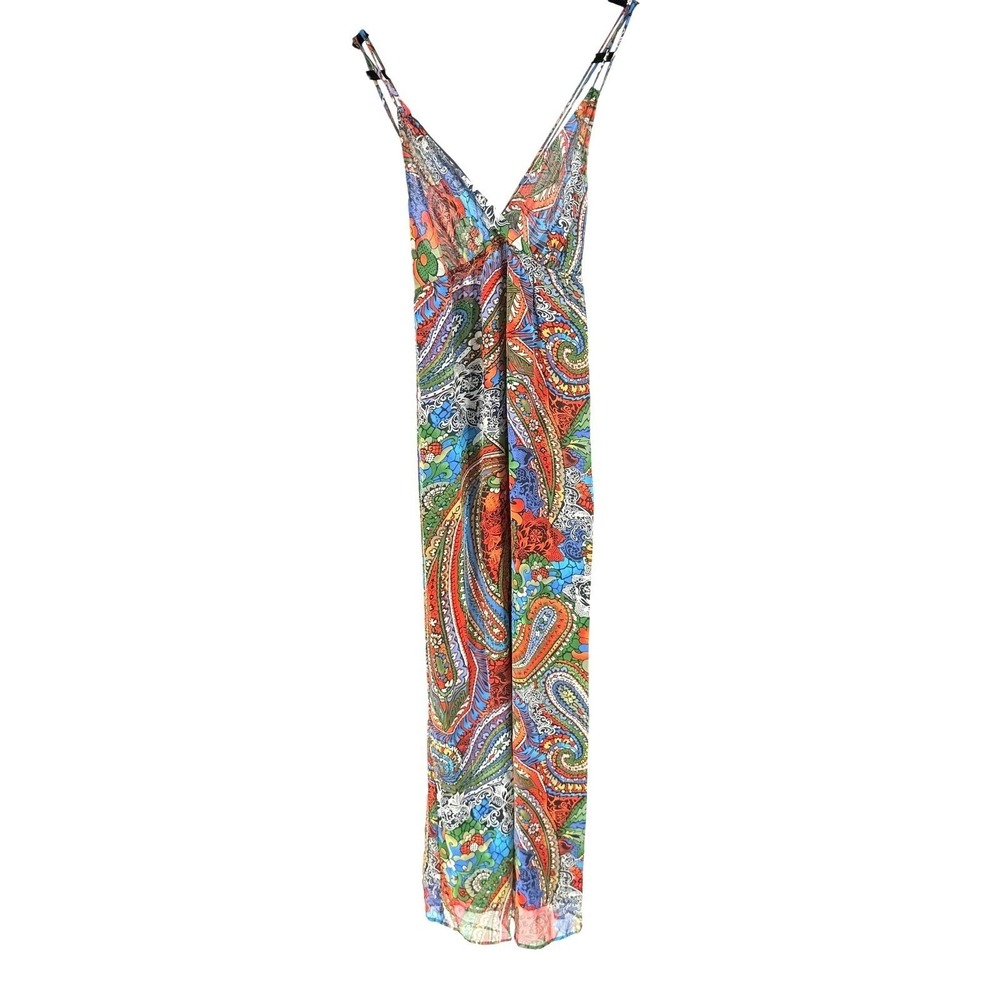 Slip New Y2k Boho Fairy Paisley Maxi Dress Bright Sheer Overlay Deep V Medium